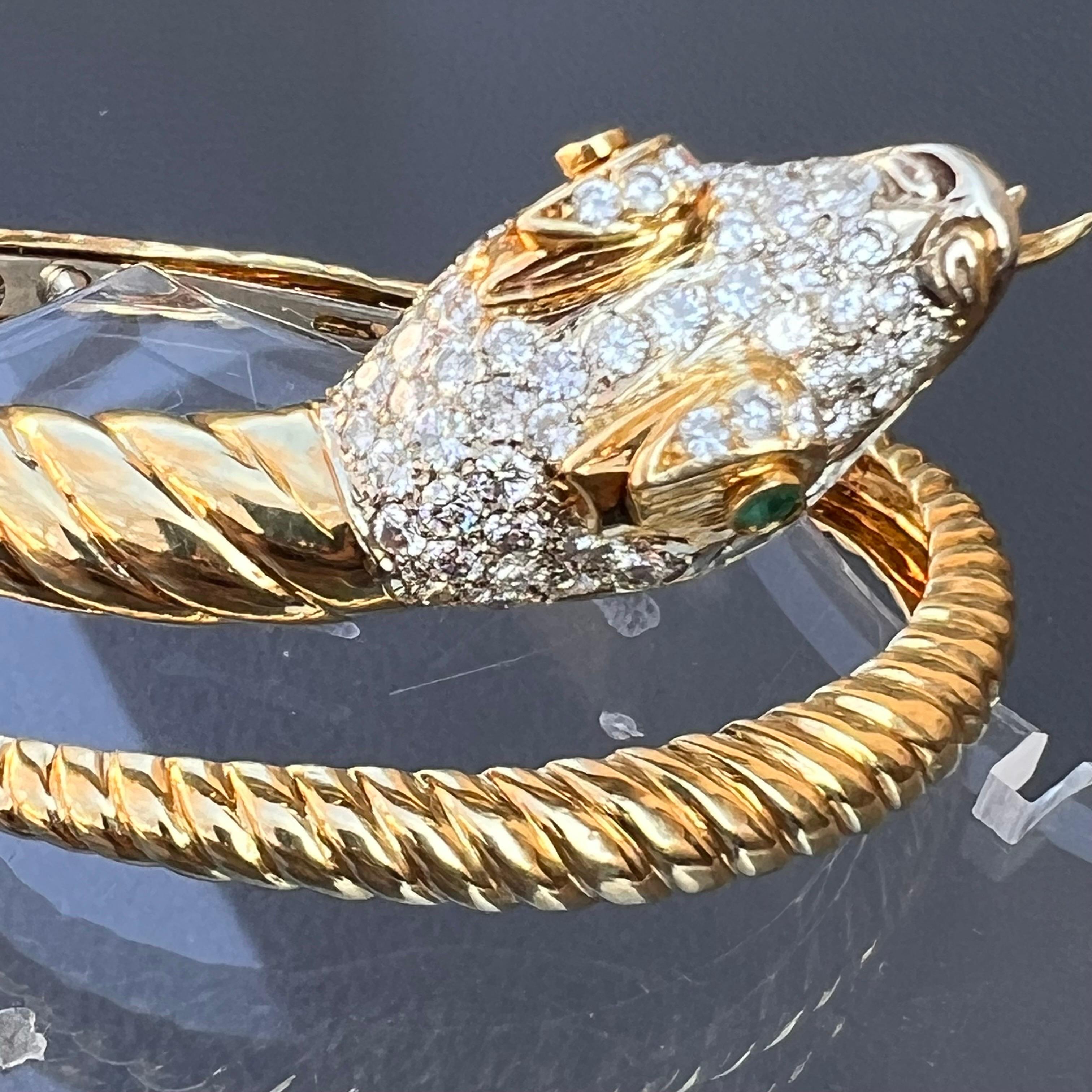 Women's Italian 18k Yellow Gold Diamond Emerald Serpent Snake Hinged Bangle For Sale