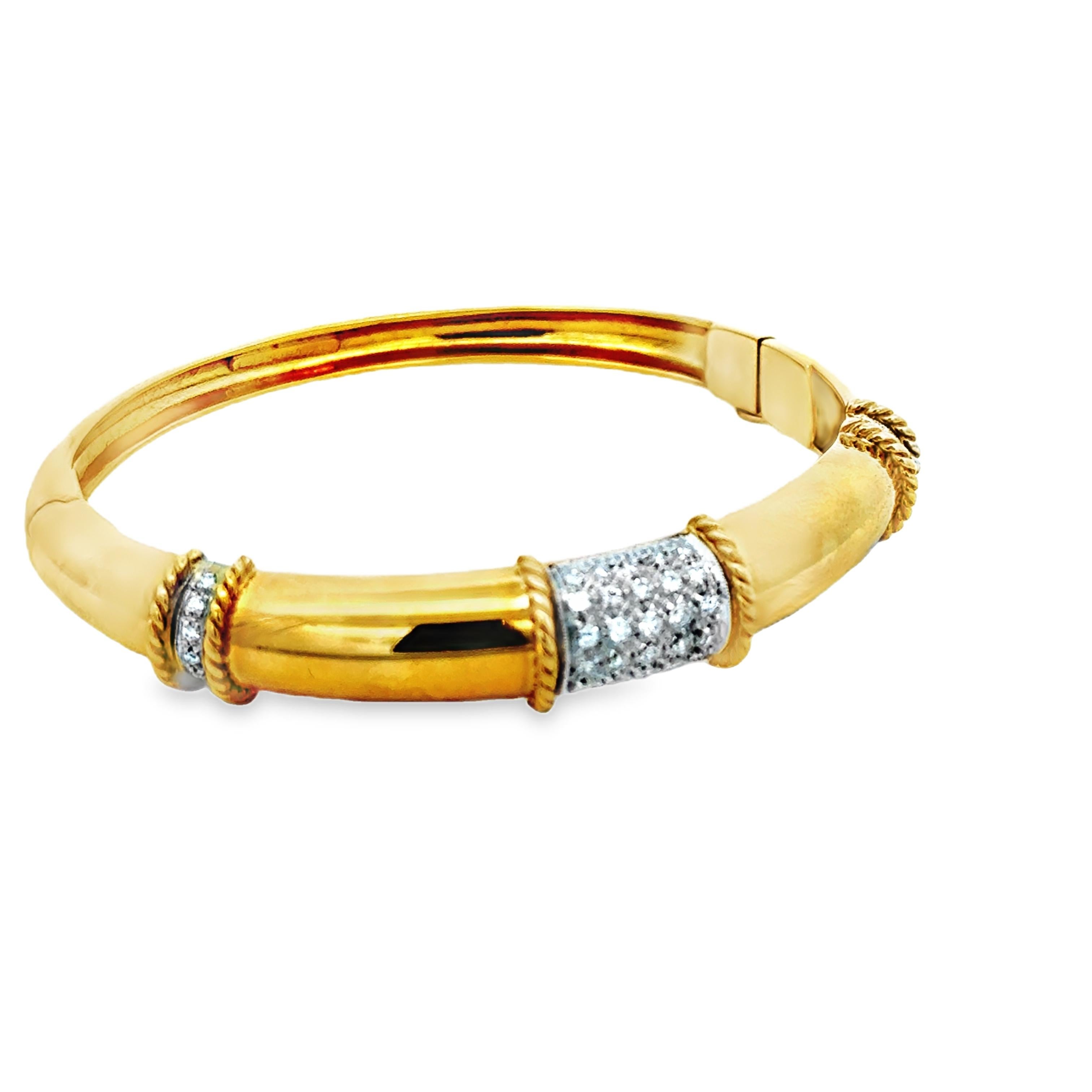 Retro Italian 18K Yellow Gold Diamond Pave Bangle Bracelet, 1.11 Carat For Sale