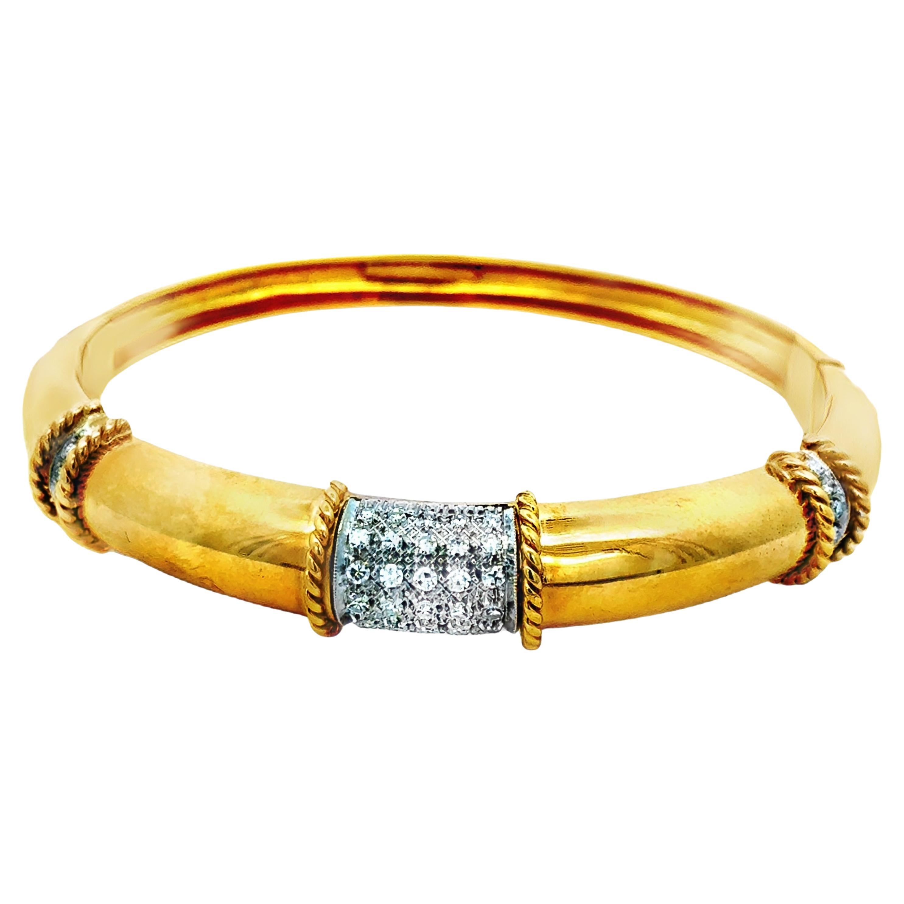 Italian 18K Yellow Gold Diamond Pave Bangle Bracelet, 1.11 Carat