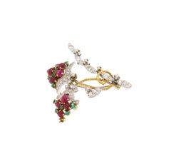 Italian 18k Yellow Gold Floral Brooch with Rubies, Emeralds, Diamonds