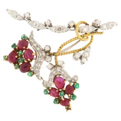Italian 18k Yellow Gold Floral Brooch with Rubies, Emeralds, Diamonds