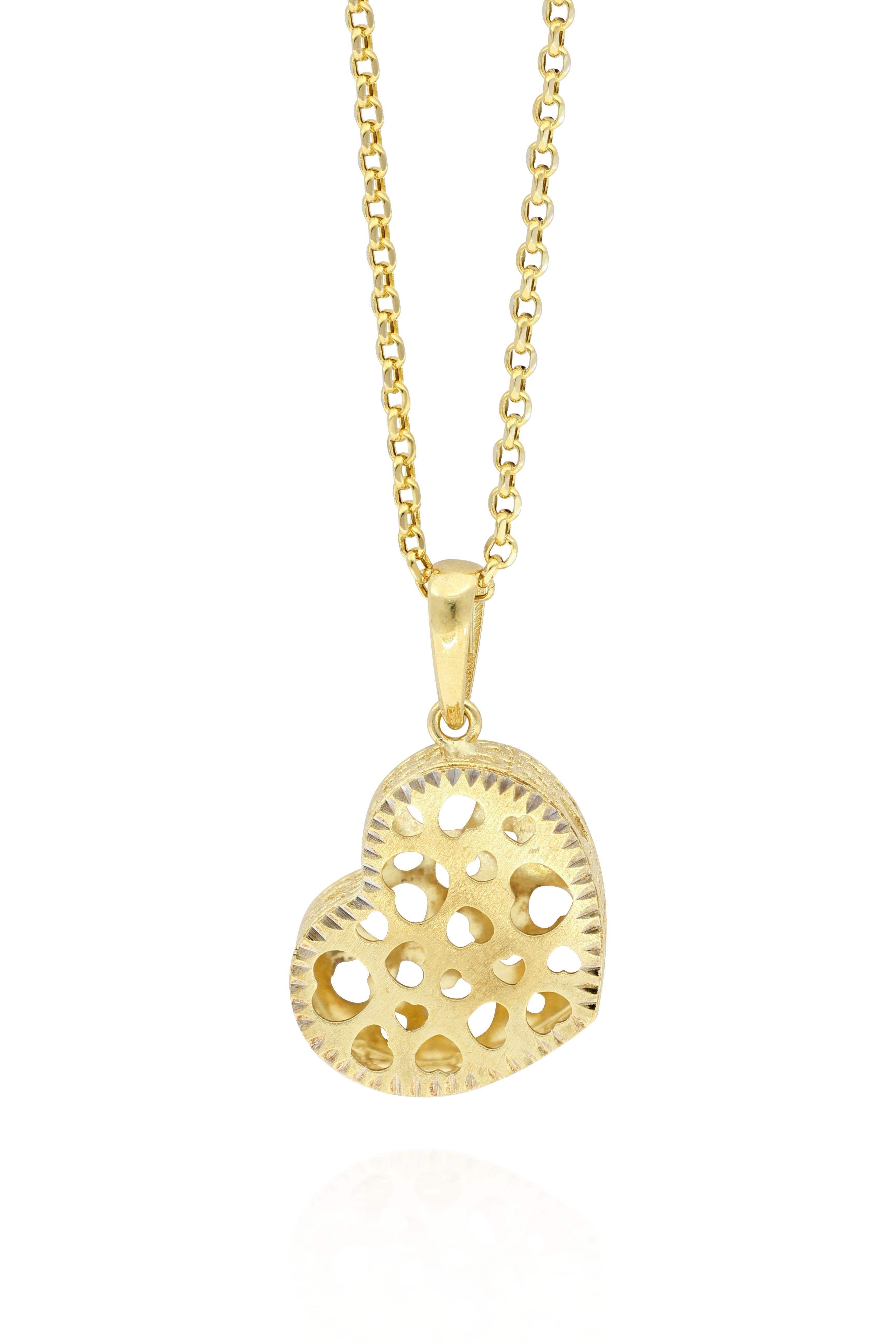 This stylish heart shape pendant necklace is made of 18K yellow gold, Italian designed, with heart shape patterns all over the pendant. The jewellery is beautiful and trendy, matching everyday causal wear.
The company was founded one and a half