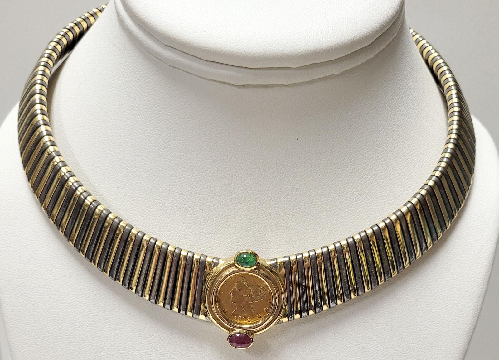 Italian 18k Yellow Gold, Hematite, Cabochon Ruby & Emerald Coin Tubogas Necklace 5