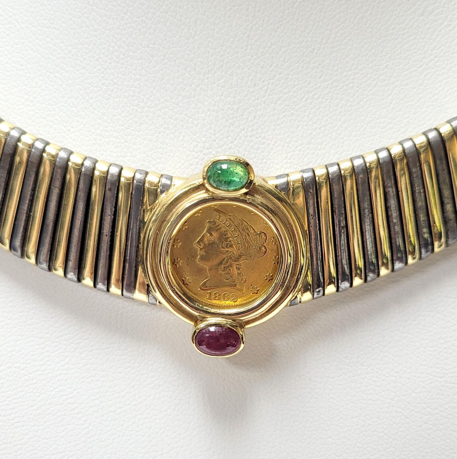 Italian 18k Yellow Gold, Hematite & Cabochon Ruby & Emerald Coin Tubogas Necklace Vintage

Here is your chance to purchase a beautiful and highly collectible Italian necklace.  Truly a great piece at a great price! 

Weight: 69.9 grams

Condition: