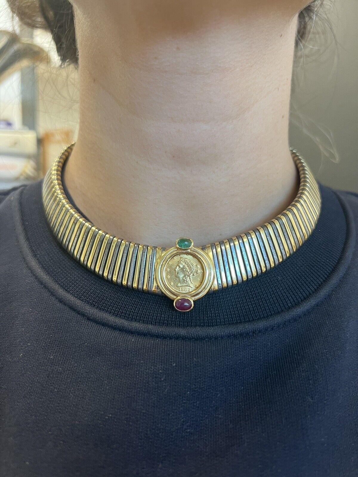 Women's or Men's Italian 18k Yellow Gold, Hematite, Cabochon Ruby & Emerald Coin Tubogas Necklace