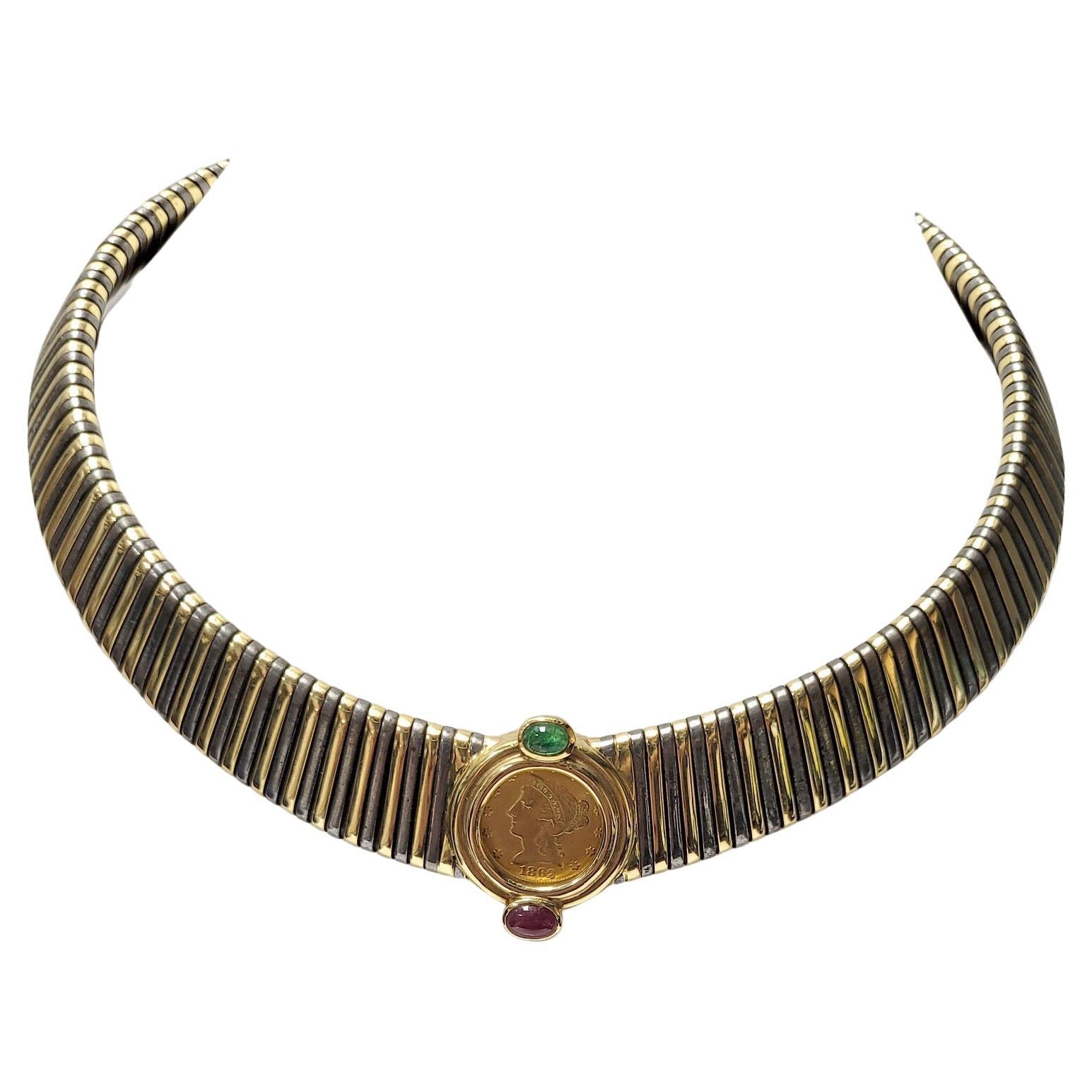 Italian 18k Yellow Gold, Hematite, Cabochon Ruby & Emerald Coin Tubogas Necklace