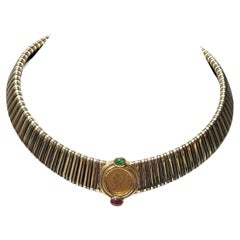 Italian 18k Yellow Gold, Hematite, Cabochon Ruby & Emerald Coin Tubogas Necklace