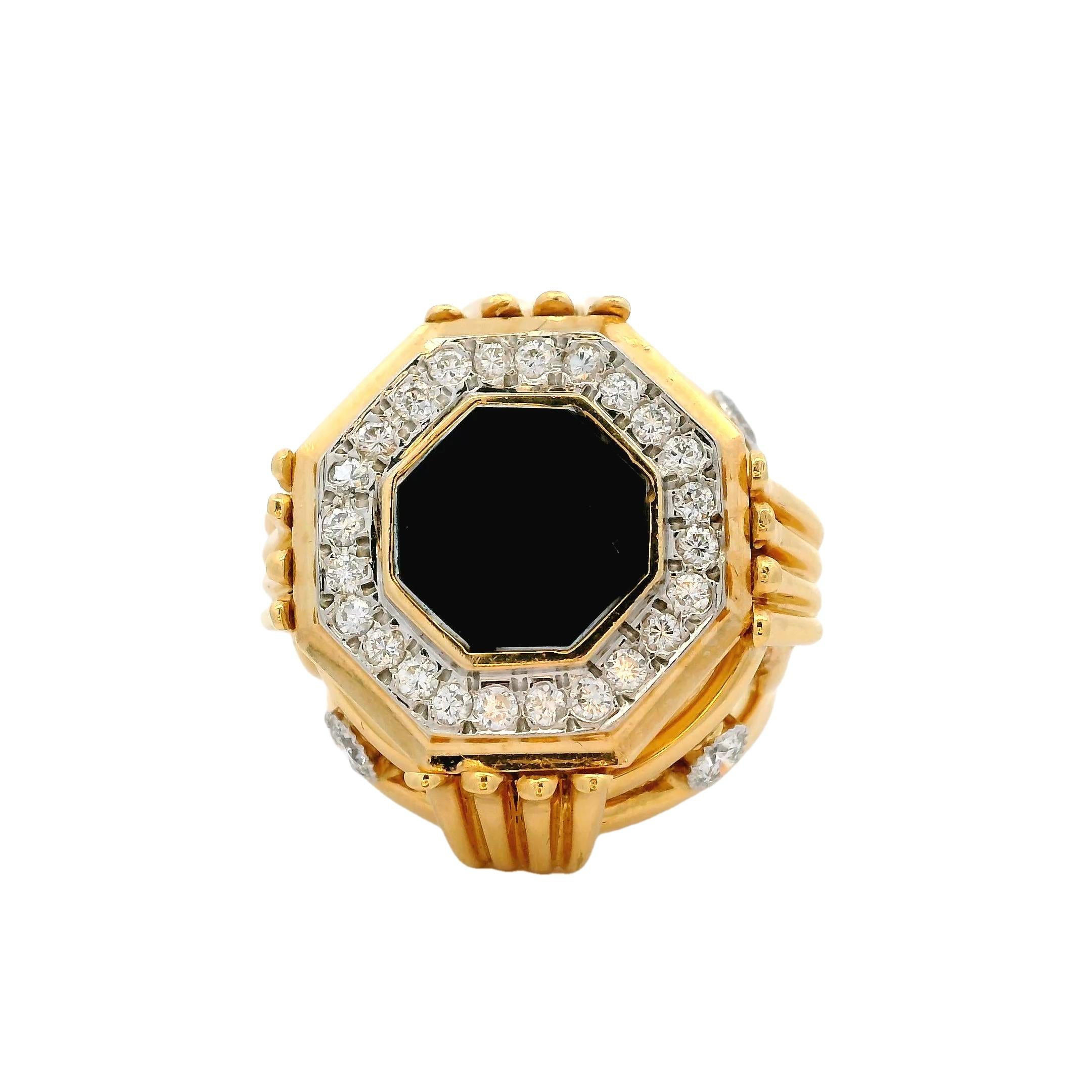Rétro Bague cocktail italienne en or jaune 18 carats, diamant hexagonal et onyx, 1,50 carats en vente