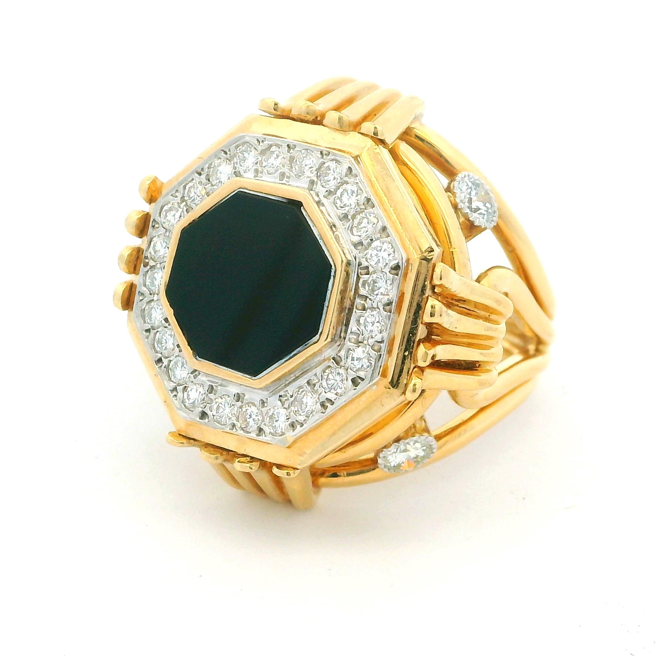 Retro 1970s Geometric Onyx & Diamond Cocktail Ring in 14K Gold For Sale