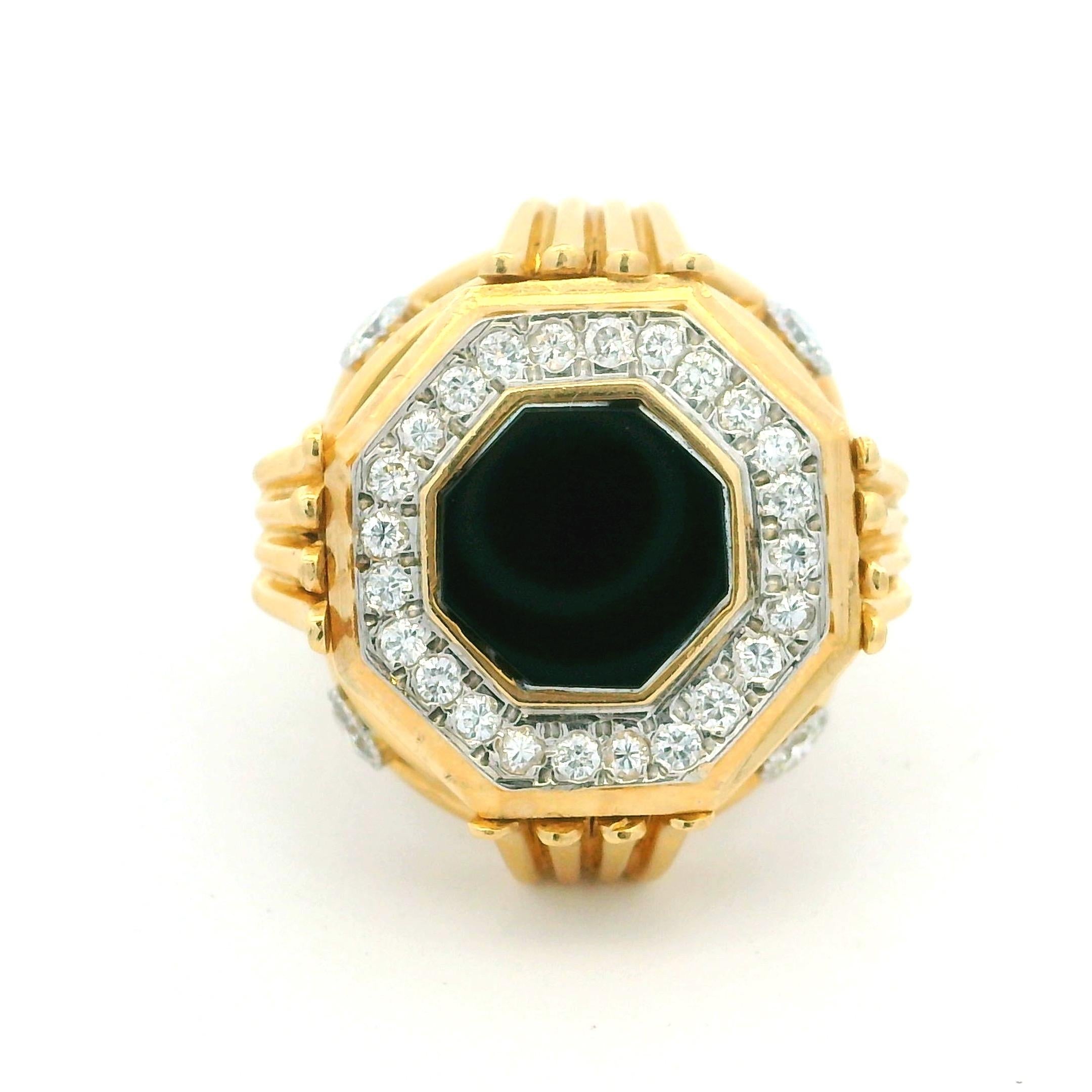 Round Cut 1970s Geometric Onyx & Diamond Cocktail Ring in 14K Gold For Sale