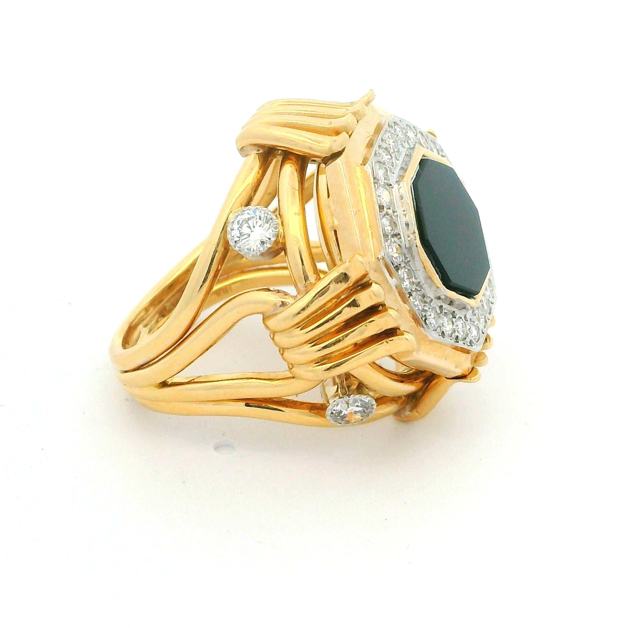 Women's or Men's 1970s Geometric Onyx & Diamond Cocktail Ring in 14K Gold For Sale