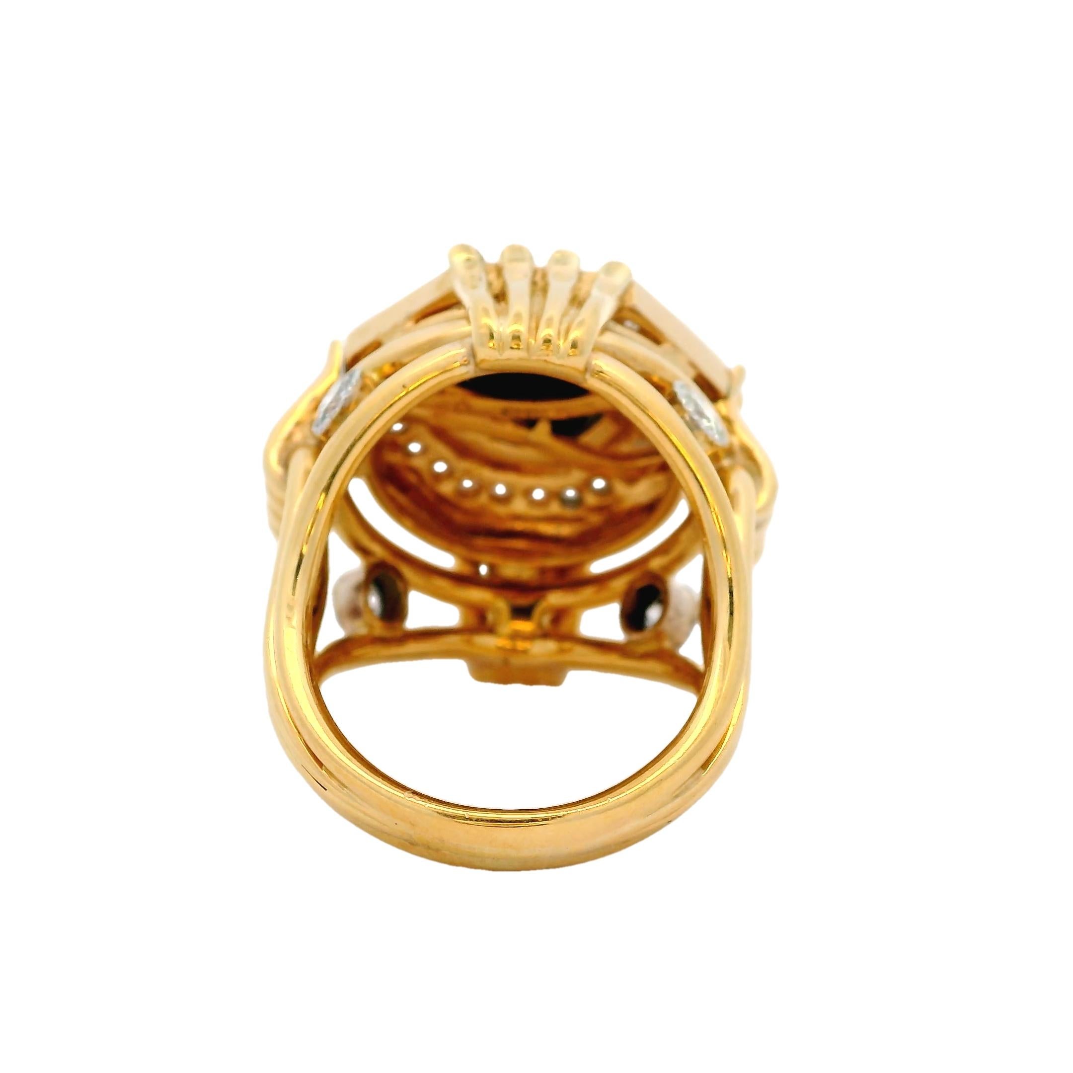 Bague cocktail italienne en or jaune 18 carats, diamant hexagonal et onyx, 1,50 carats en vente 2