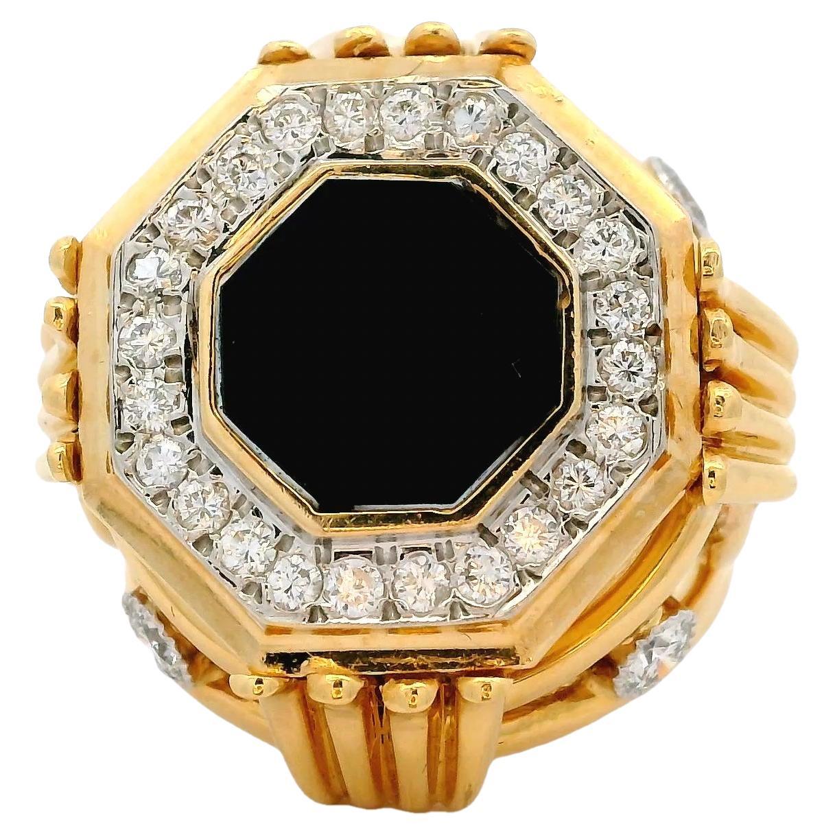 Bague cocktail italienne en or jaune 18 carats, diamant hexagonal et onyx, 1,50 carats en vente