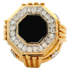 Italian 18K Yellow Gold Hexagon Diamond & Onyx Cocktail Ring, 1.50 Carats