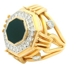 Anello cocktail esagonale in oro giallo 18 carati con diamanti e onice, 1,50 carati