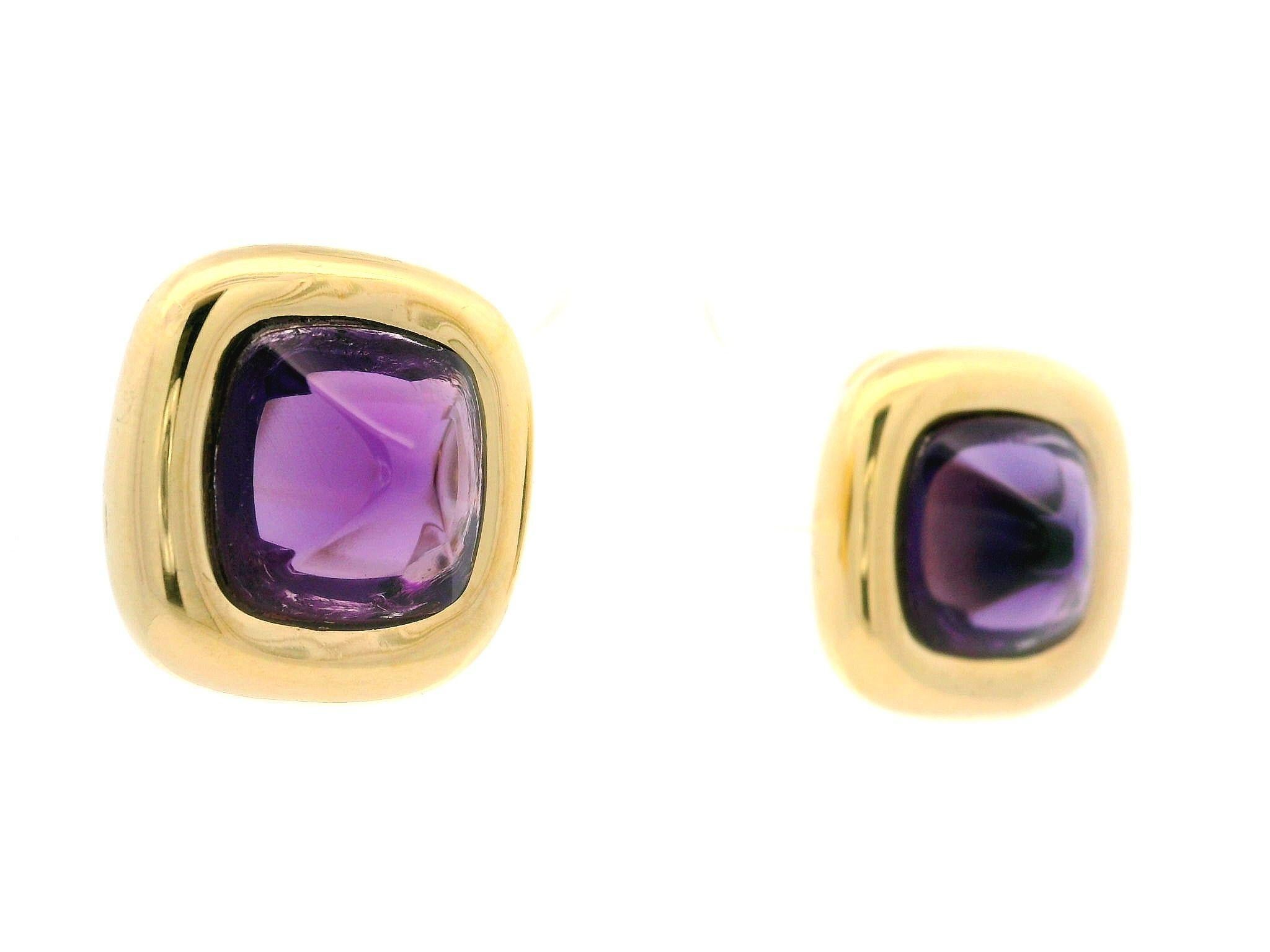 Italian 18k Yellow Gold High Quality Sugarloaf Cabochon Amethyst Button Earrings For Sale 1