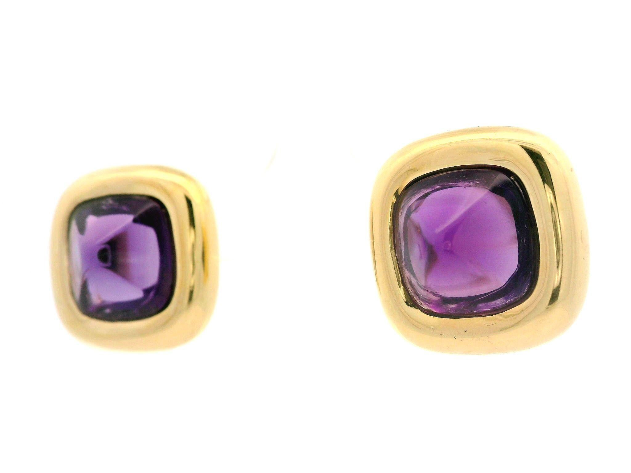Italian 18k Yellow Gold High Quality Sugarloaf Cabochon Amethyst Button Earrings For Sale 2