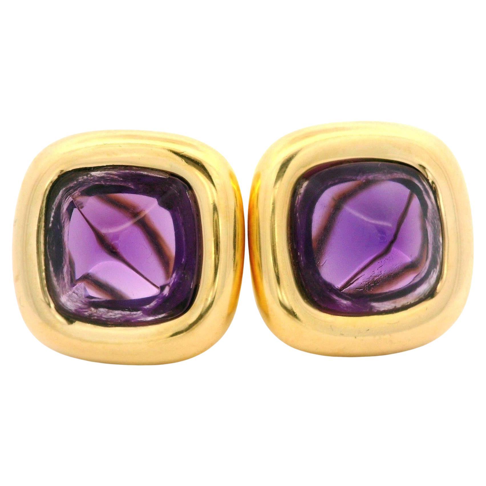 Italian 18k Yellow Gold High Quality Sugarloaf Cabochon Amethyst Button Earrings For Sale