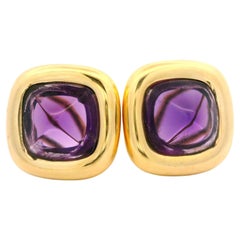 Italian 18k Yellow Gold High Quality Sugarloaf Cabochon Amethyst Button Earrings
