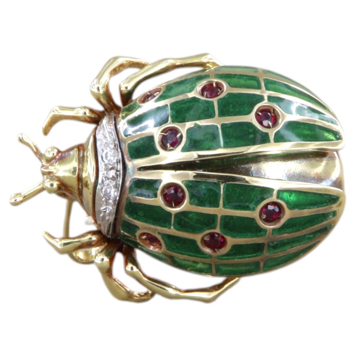 Italian 18K Yellow Gold Ladybug Brooch with Rubies, Diamonds, and Enamel