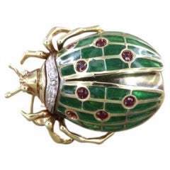 Italian 18K Yellow Gold Ladybug Brooch with Rubies, Diamonds, and Enamel