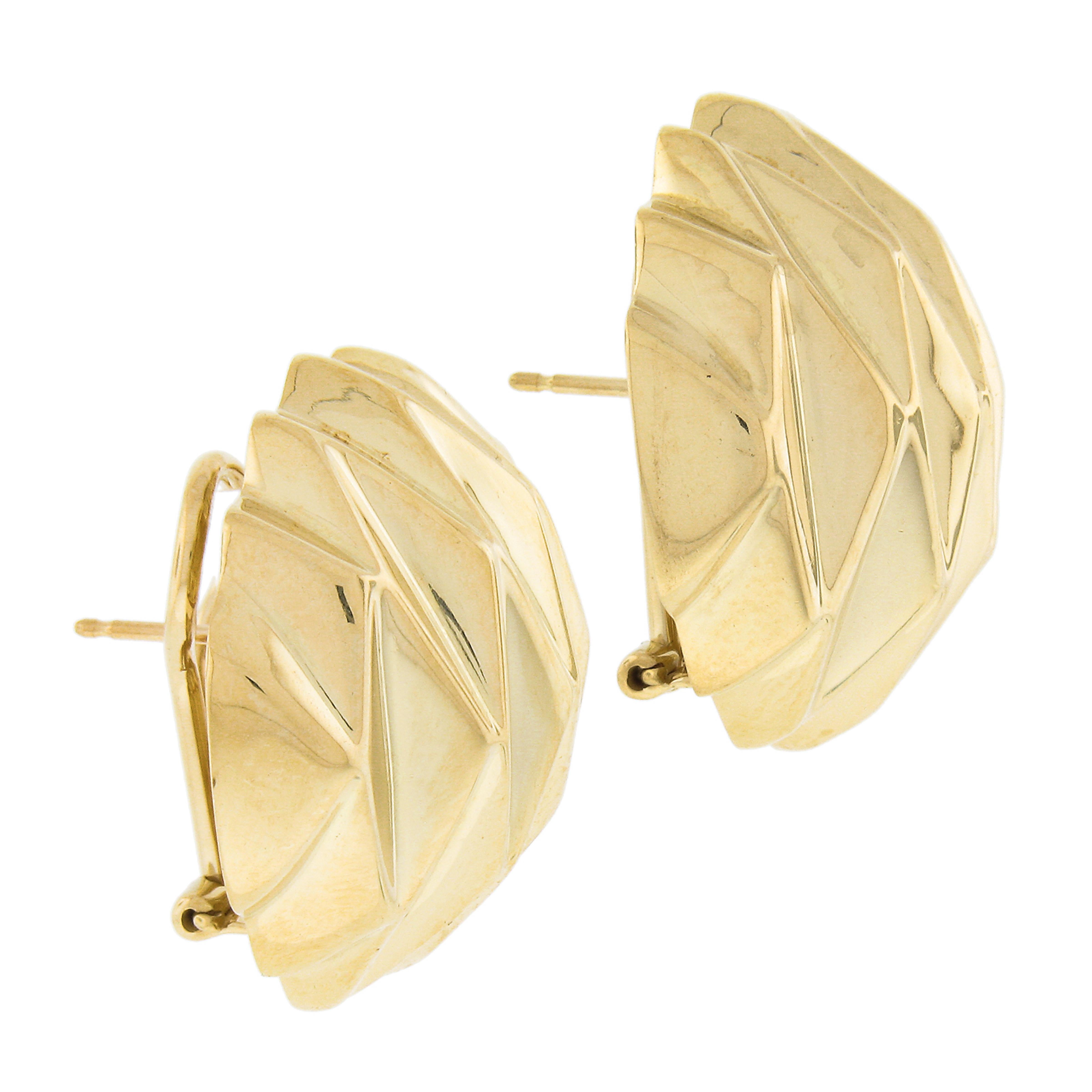 Women's Italian 18k Yellow Gold Large Faceted Textured Round Omega Back Button Earrings For Sale
