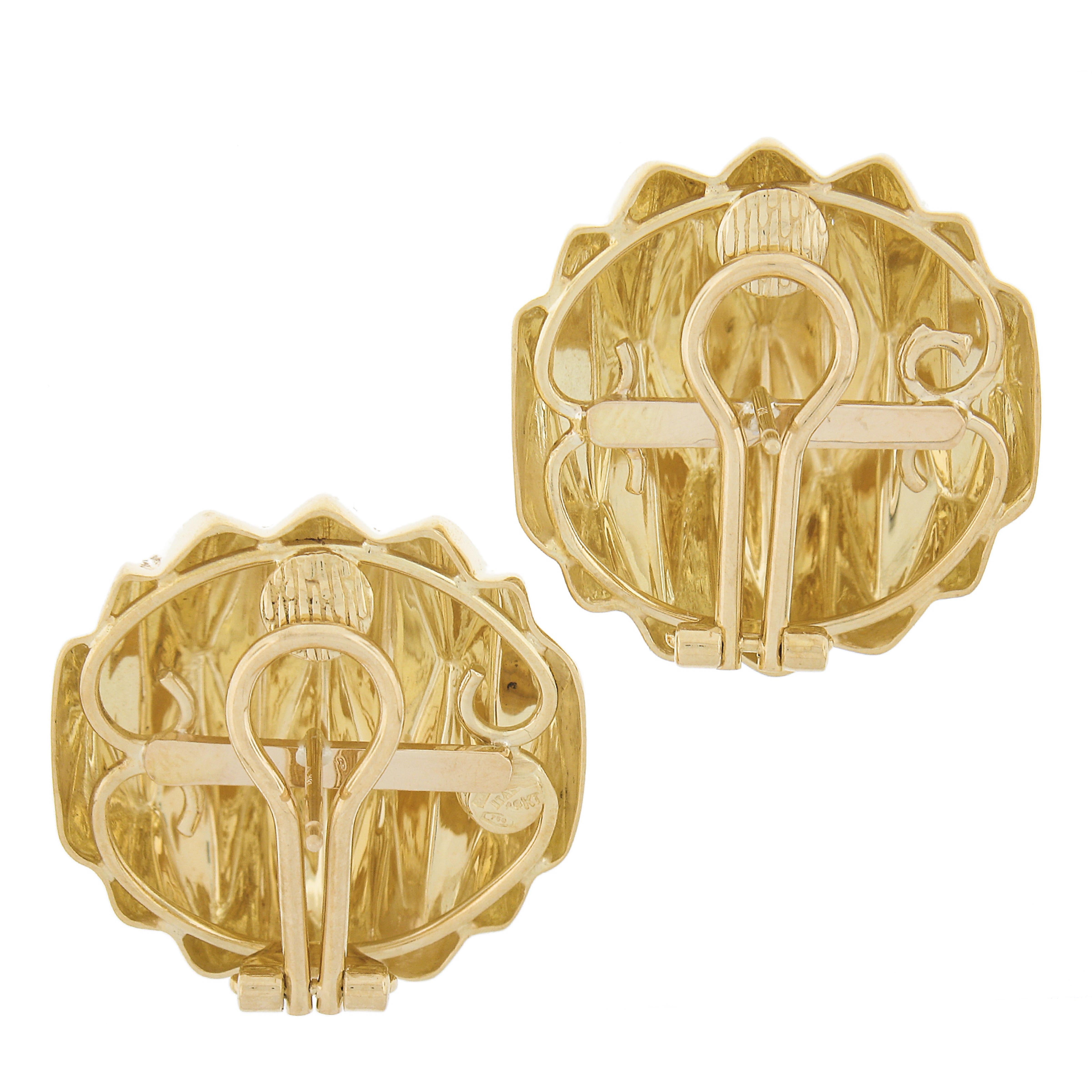 Italian 18k Yellow Gold Large Faceted Textured Round Omega Back Button Earrings For Sale 1