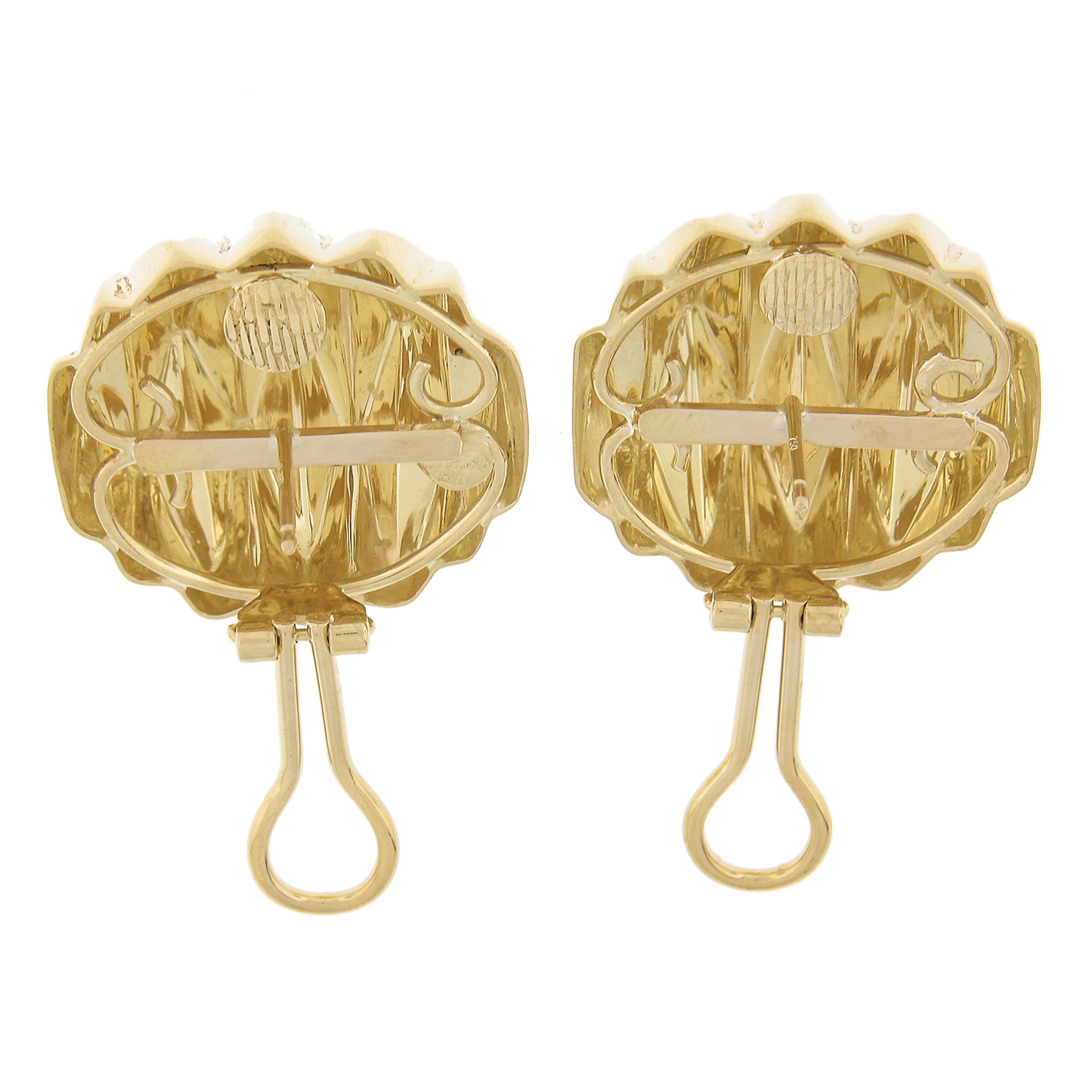 Italian 18k Yellow Gold Large Faceted Textured Round Omega Back Button Earrings For Sale 2