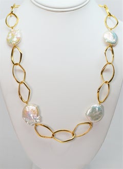Italian 18K Yellow Gold Large Link Chain Coin Pearls Necklace