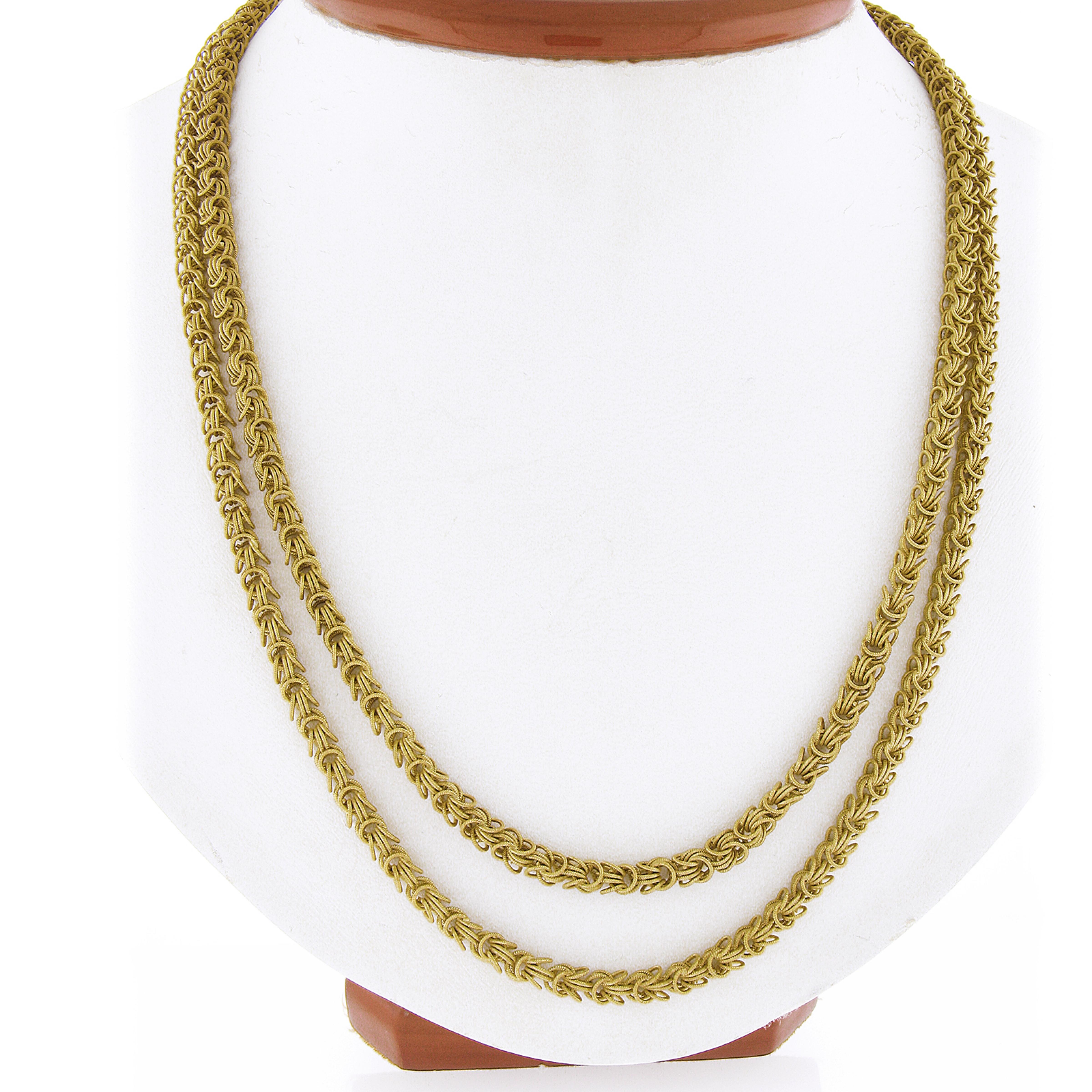 Material: Solid 18k Yellow Gold
Weight: 54.84  Grams
Chain Type: Textured Fancy Cable Link
Chain Length: 41 Inches
Chain Thickness: 4.5mm
Clasp: Barrel Clasp w/ Safety Latch
Stamp: ITALY - 637MI
Condition: Shows some light wear. Original finish &