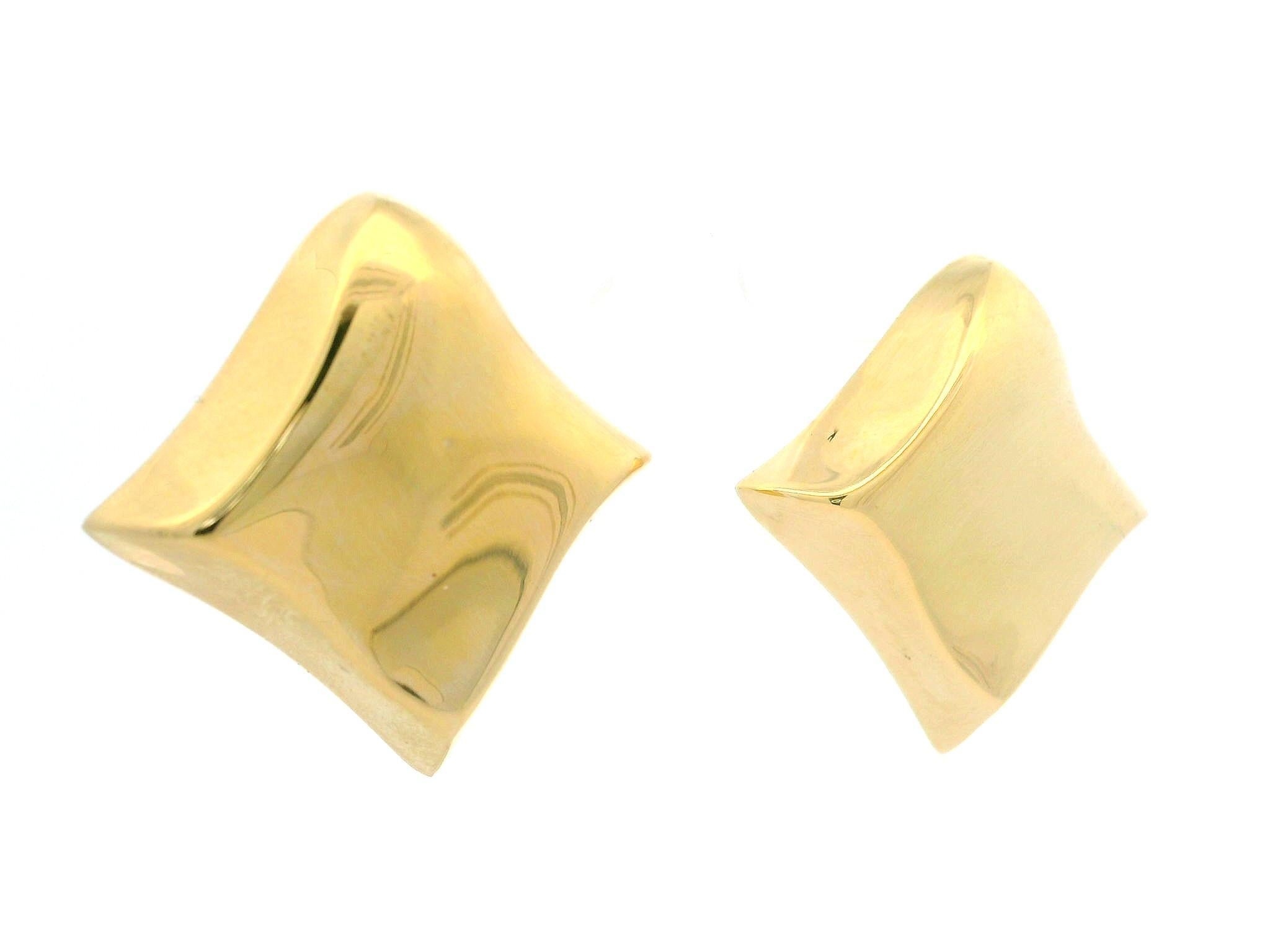 Italian 18k Yellow Gold Polished Fancy Puffed Square Shaped Omega Back Earrings In Excellent Condition In Montclair, NJ