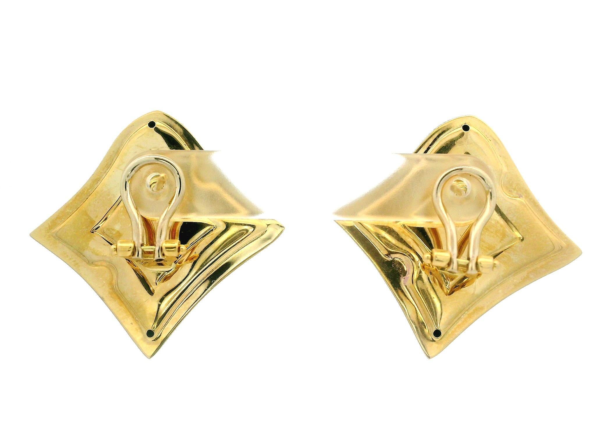 Italian 18k Yellow Gold Polished Fancy Puffed Square Shaped Omega Back Earrings 2