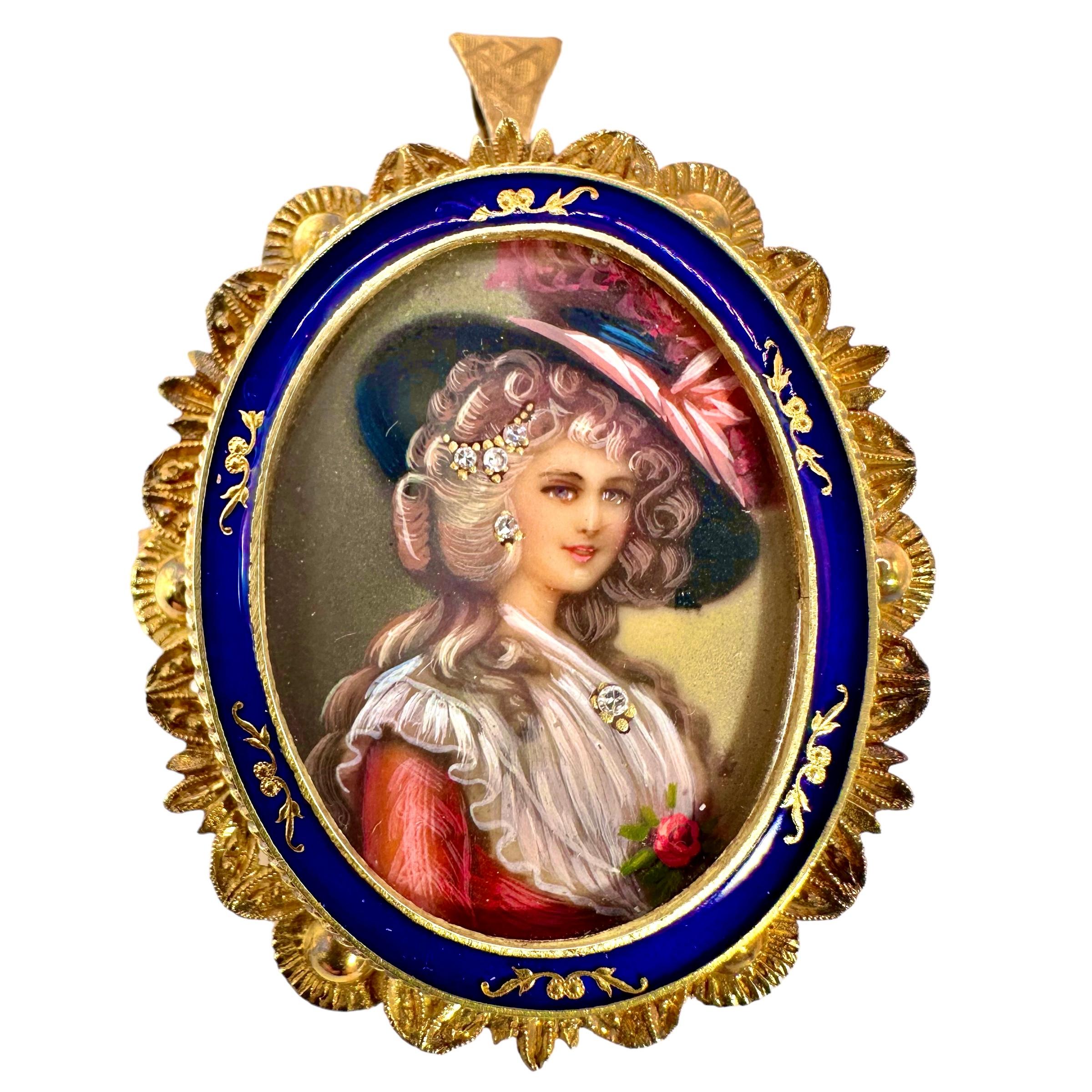 A hand painted portrait of a 19th century lady adorned with a diamond pendant, diamond earrings, and a diamond hair pin,
wearing a large hat. This lovely portrait is framed by an 18K yellow gold and cobalt blue enamel frame inside a fancy gold outer
