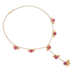 Italian 18k Yellow Gold Ruby and Gold Bead Drop Necklace