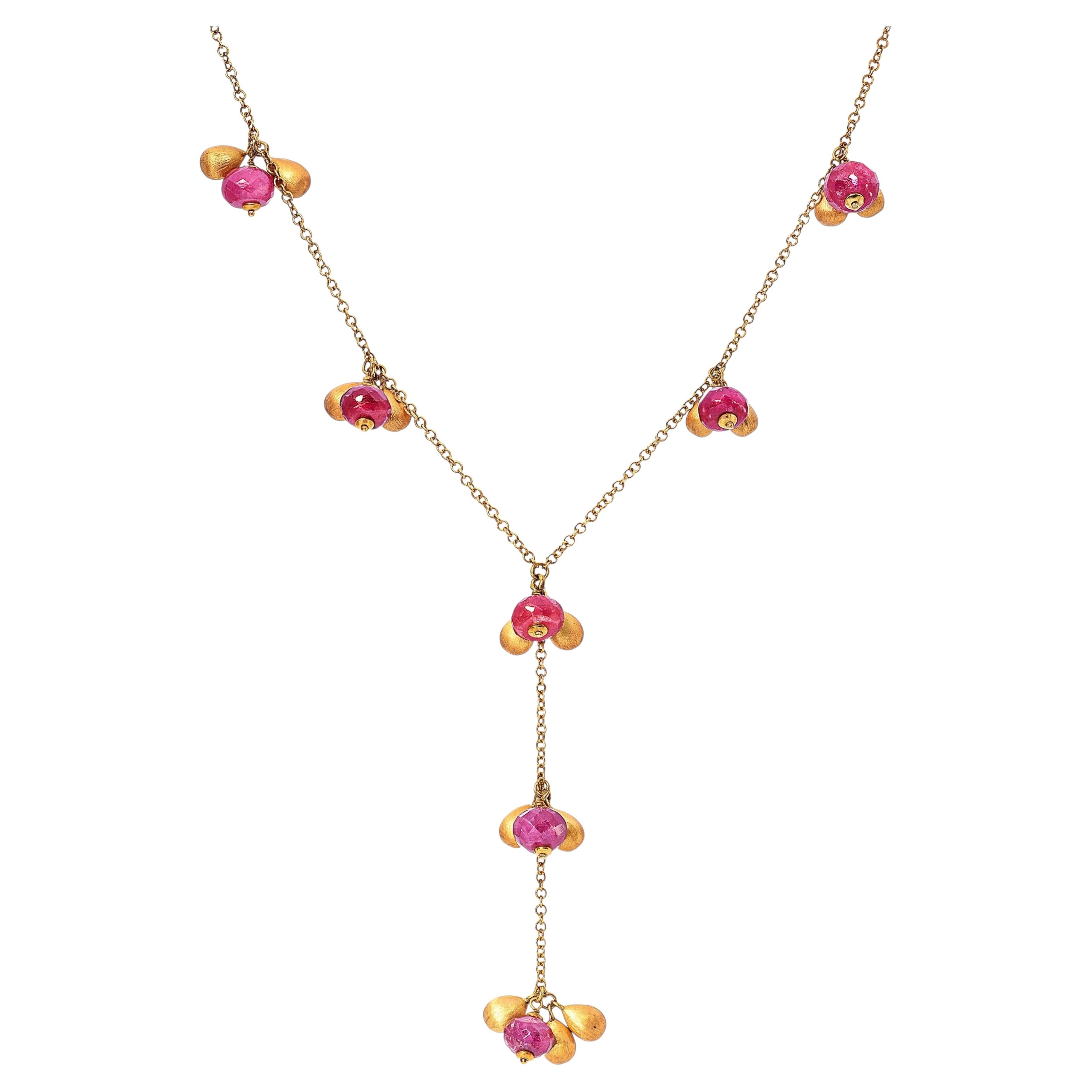 Collier italien en or jaune 18k avec perles de rubis et d'or