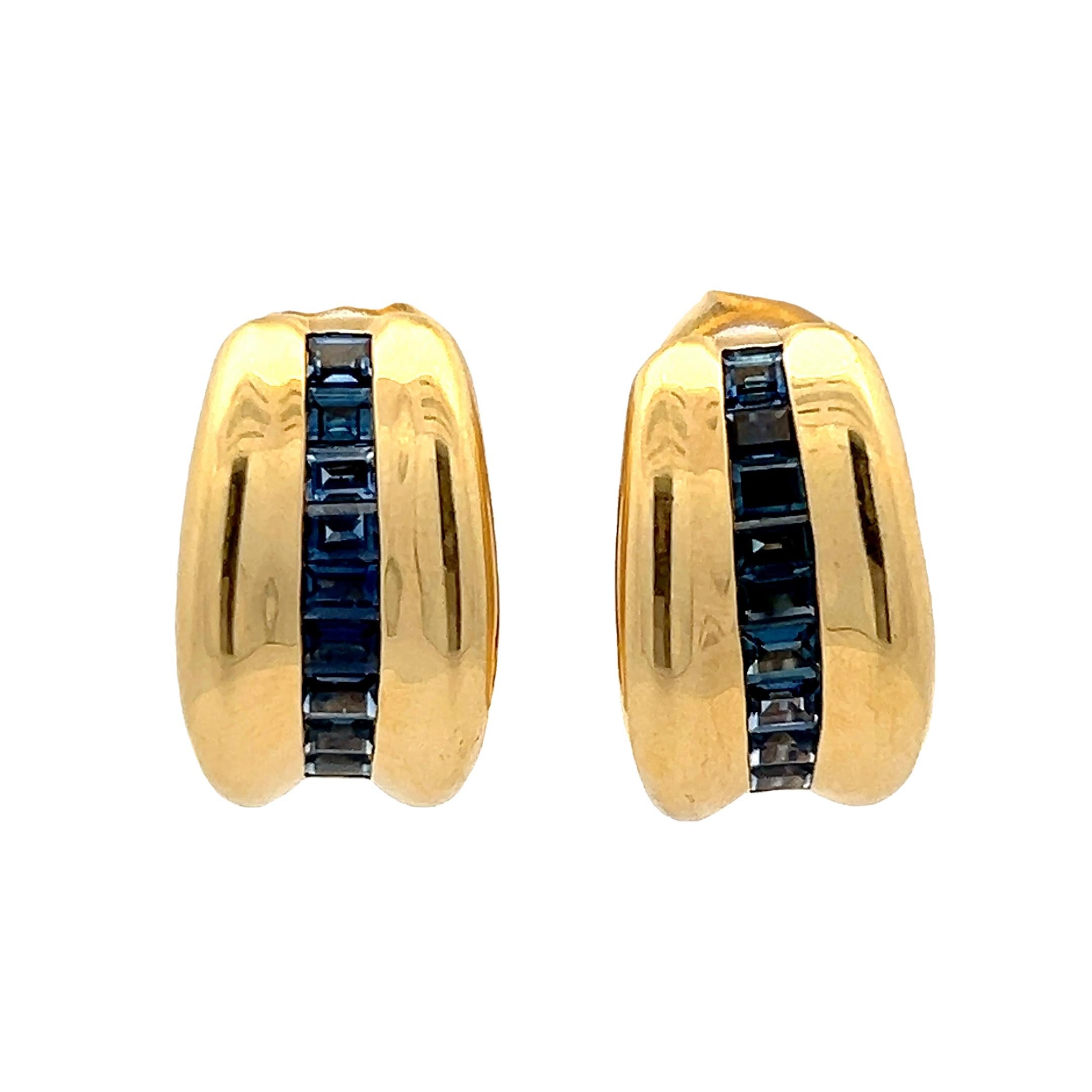 Moderniste Boucles d'oreilles italiennes en or jaune 18K, saphir taille française, 2 carats en vente