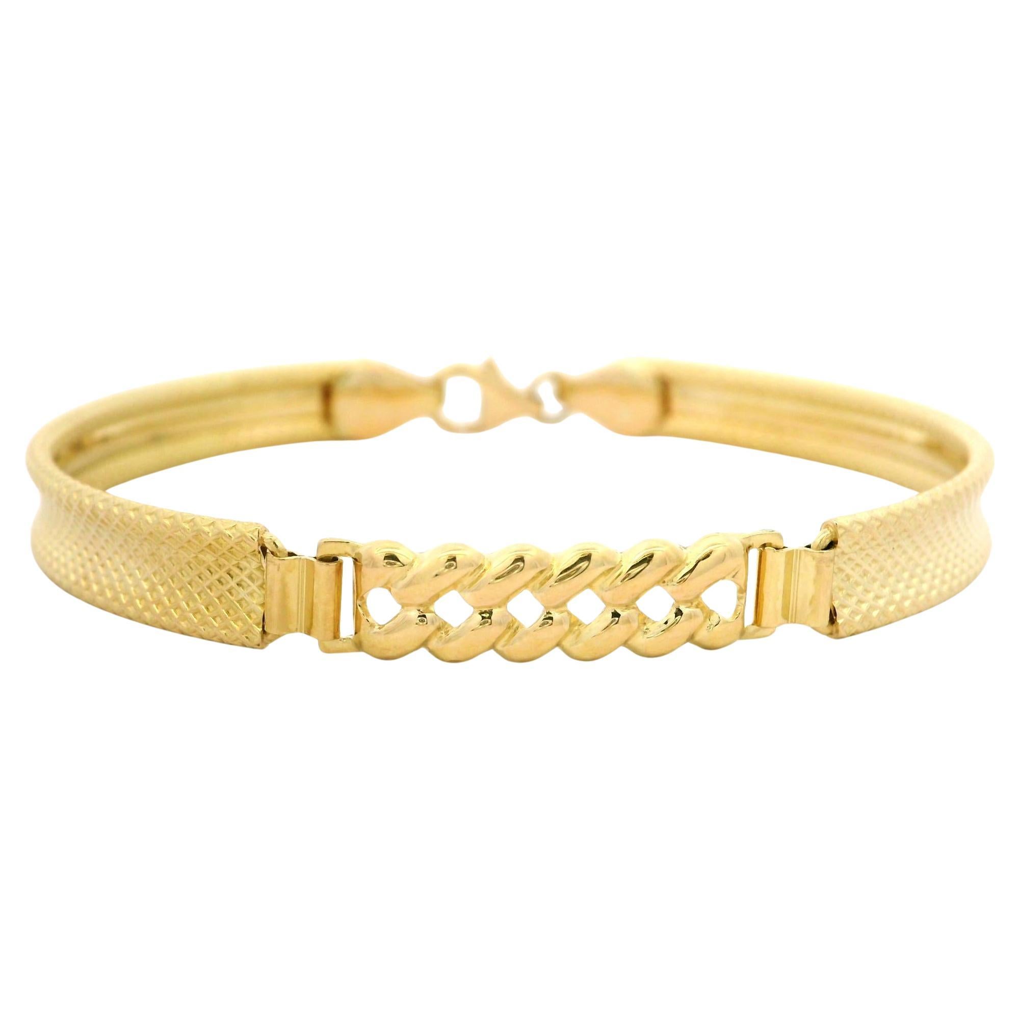 Italian 18k Yellow Gold Textured Flexible Bangle Curb Link Center Bracelet