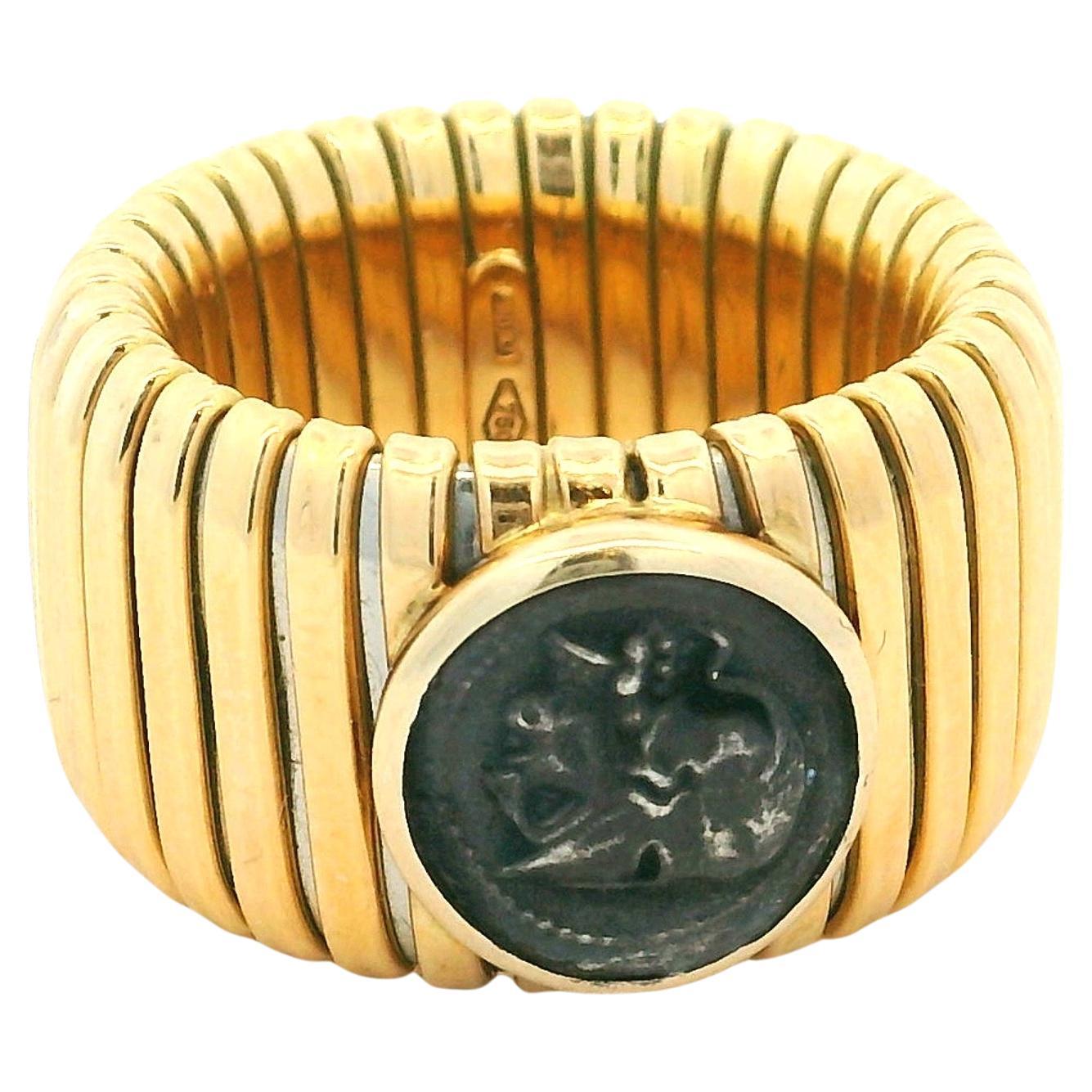 Anillo Tubogas italiano de oro amarillo de 18 quilates con moneda antigua, años 70