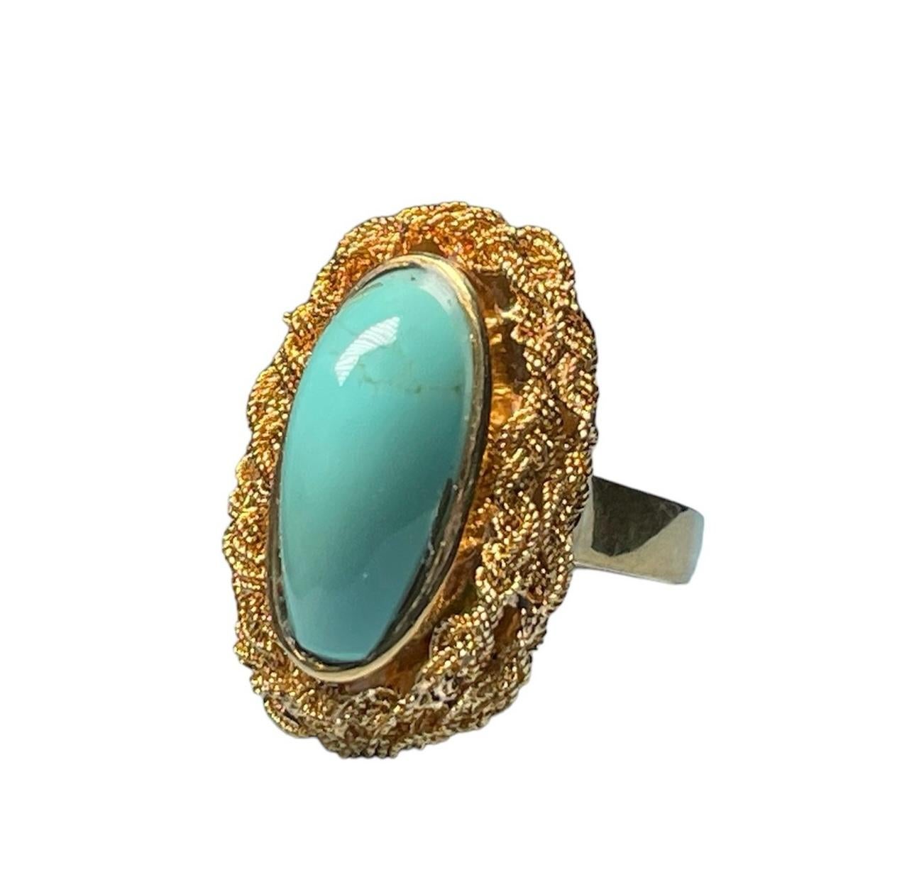 Italian 18K Yellow Gold Turquoise Cocktail Ring For Sale 2