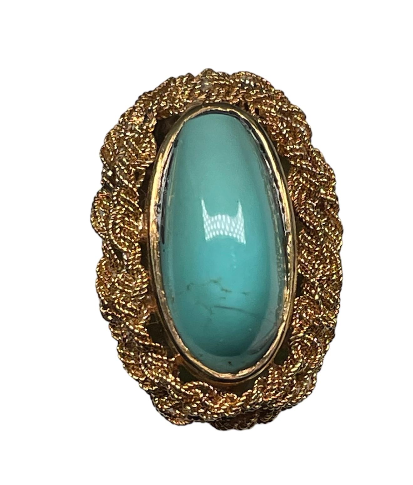 Italian 18K Yellow Gold Turquoise Cocktail Ring For Sale 3