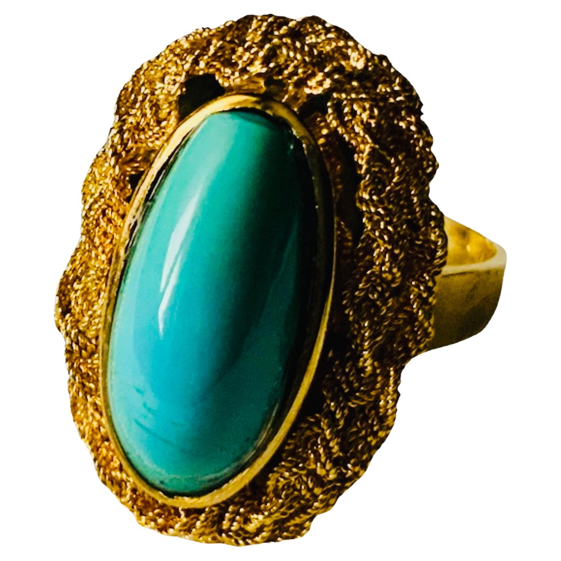 Italian 18K Yellow Gold Turquoise Cocktail Ring For Sale