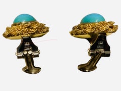 Italian 18K Yellow Gold Turquoise Pair Of Earrings