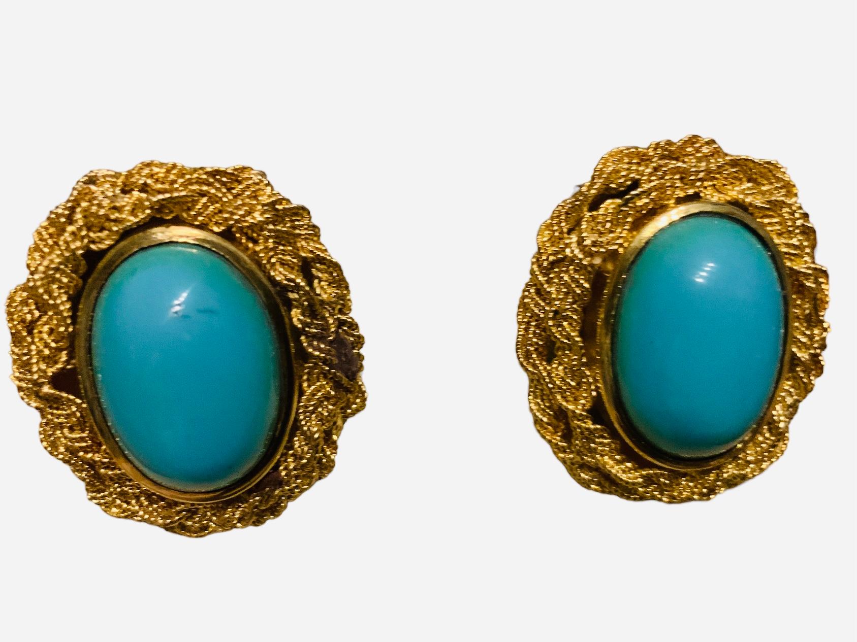 Modern Italian 18K Yellow Gold Turquoise Pair Of Earrings  For Sale