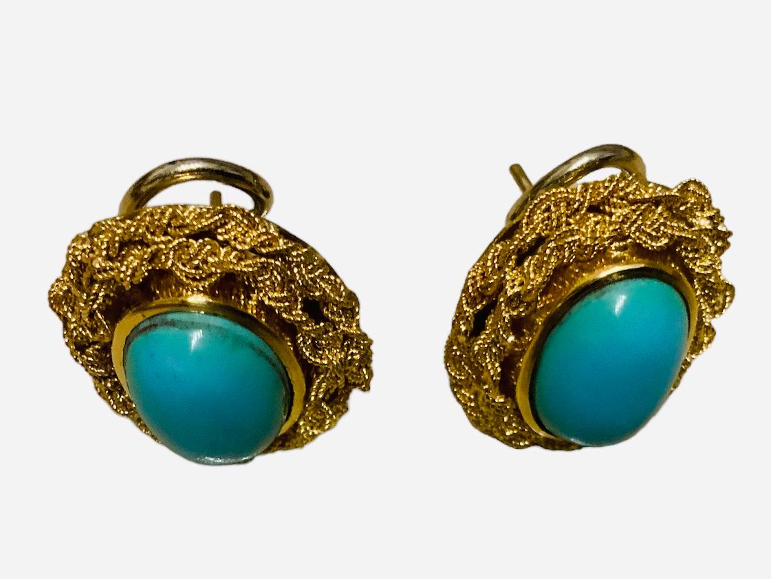 Women's Italian 18K Yellow Gold Turquoise Pair Of Earrings  For Sale