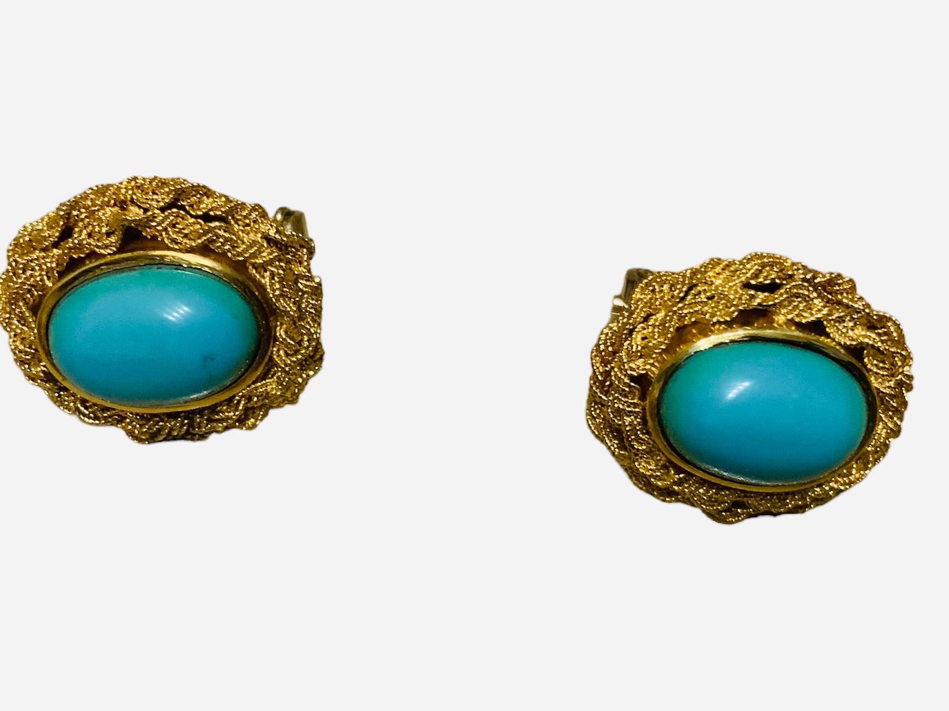 Italian 18K Yellow Gold Turquoise Pair Of Earrings  For Sale 2
