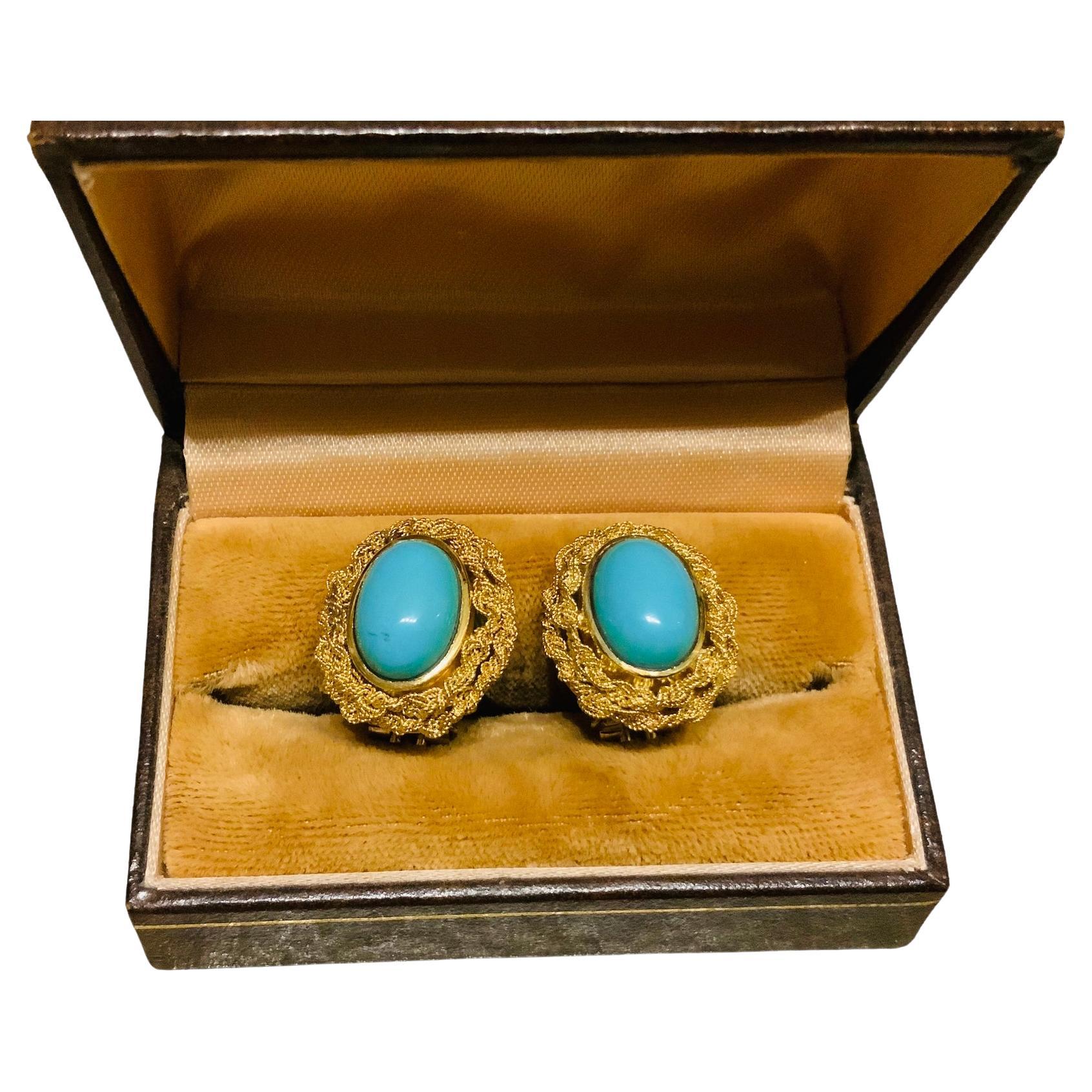 Italian 18K Yellow Gold Turquoise Pair Of Earrings  For Sale