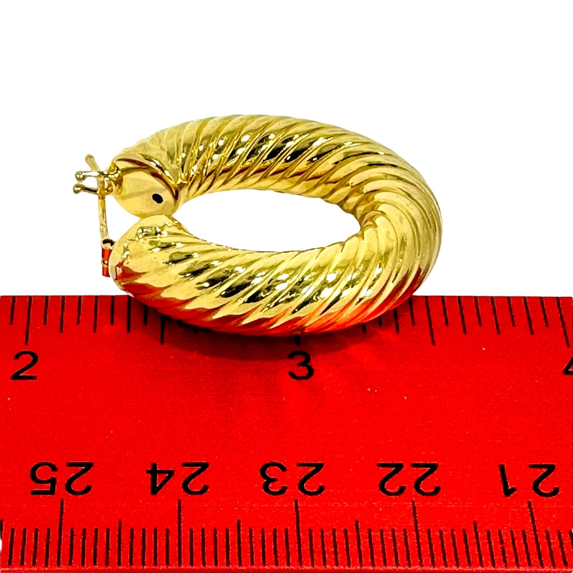 Italian 18K Yellow Gold Twisted Hoop Earrings 1.25 Inches Long x 1/4 Inch Thick For Sale 1