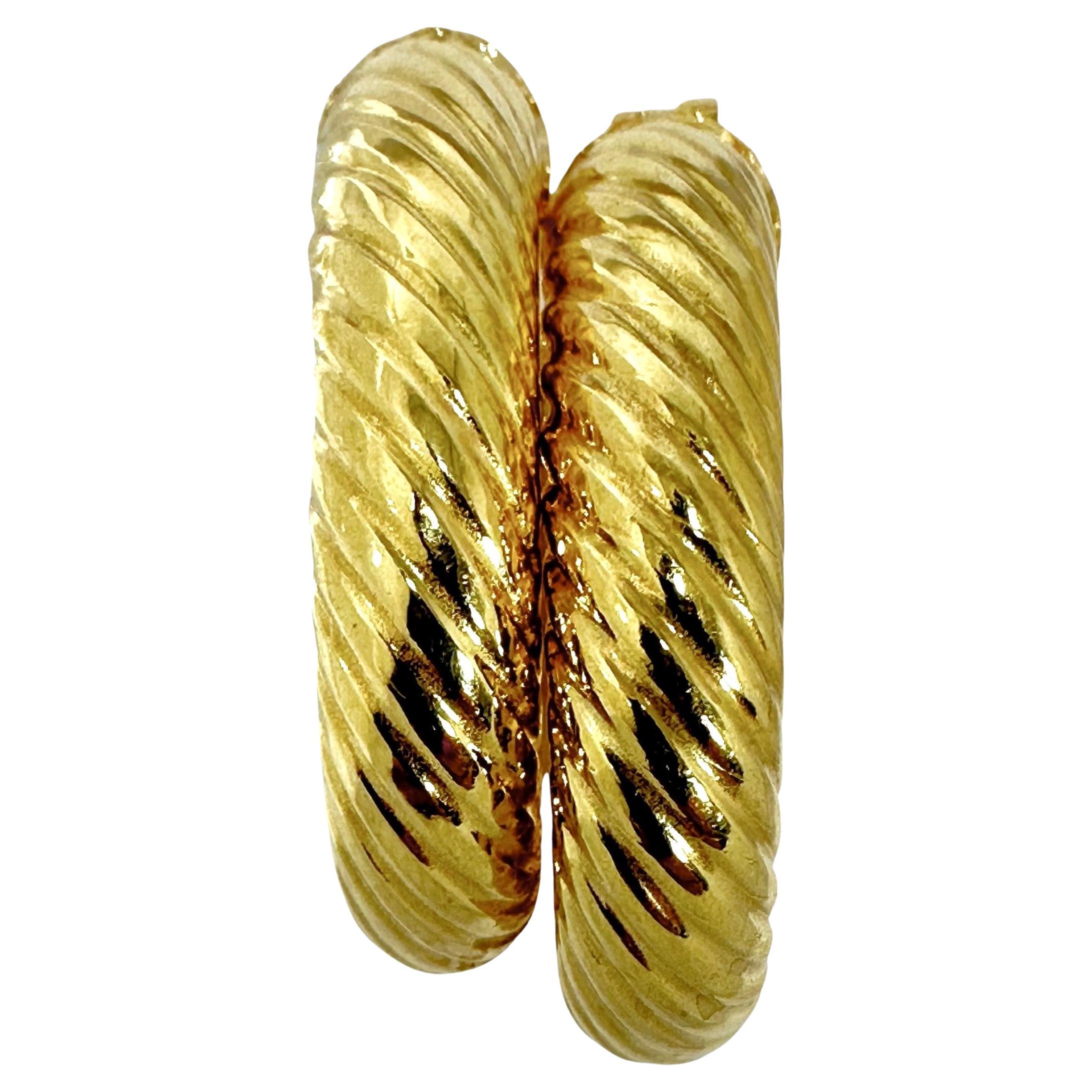 Italian 18K Yellow Gold Twisted Hoop Earrings 1.25 Inches Long x 1/4 Inch Thick For Sale