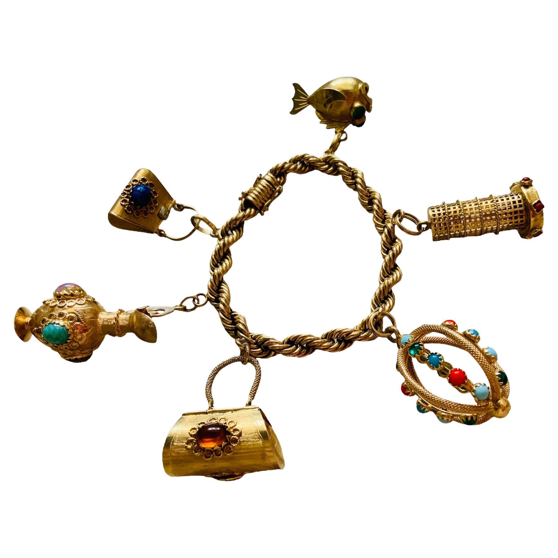 Italienisches 18 Karat Gelbgold Charms-Armband mit gedrehten Seilketten 