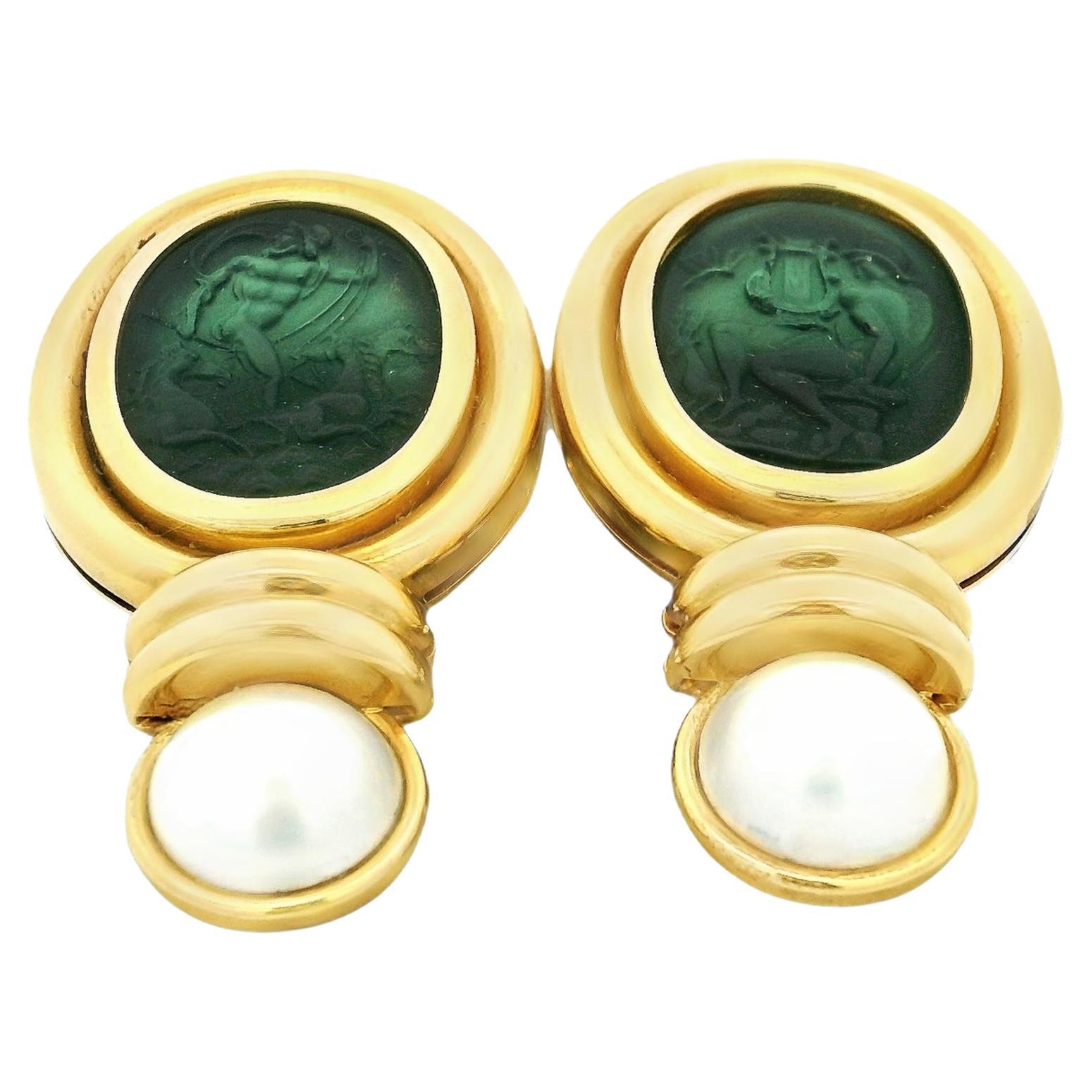 Orecchini a clip in oro giallo 18 carati in vetro veneziano e perle in vendita